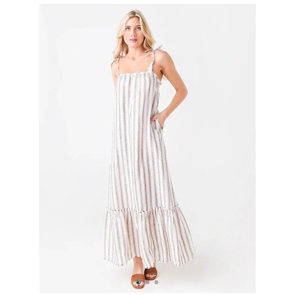 Tory Burch Striped Linen Maxi Dress Brown Cream Tassel Tie Straps 87512 Small